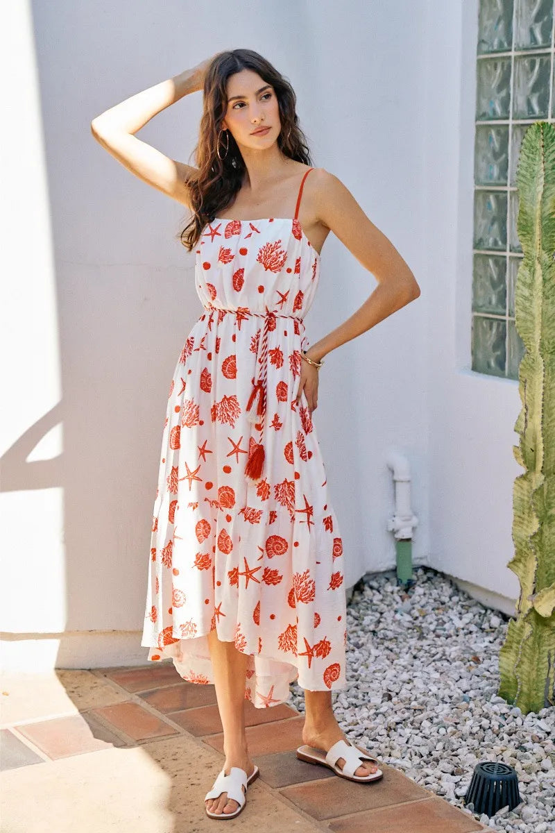 SO ME Shell Print Tiered Lined Midi Cami Dress With Belt - Red / S