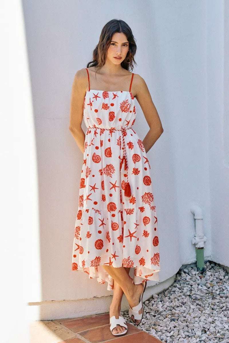 SO ME Shell Print Tiered Lined Midi Cami Dress With Belt - Red / S