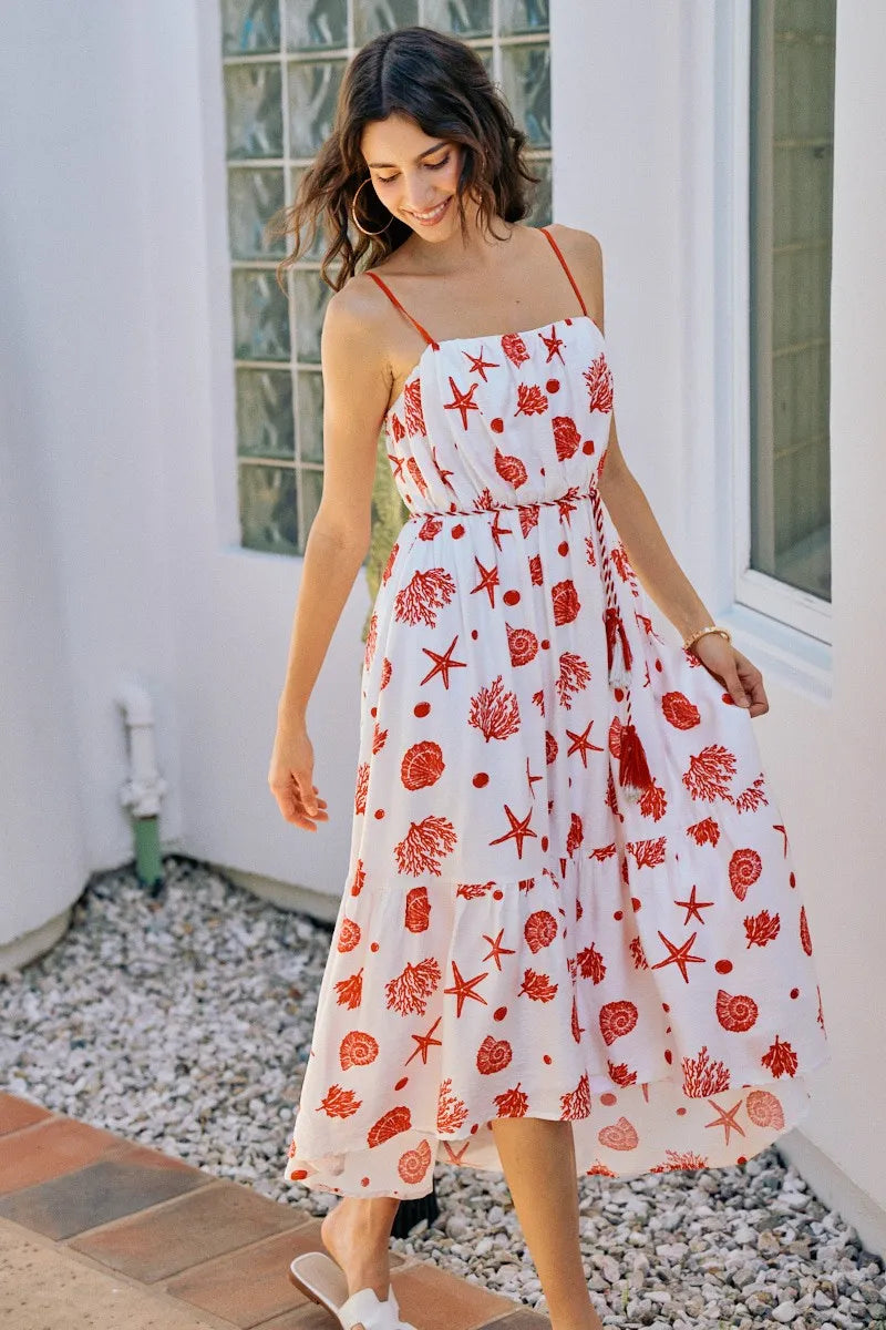 SO ME Shell Print Tiered Lined Midi Cami Dress With Belt - Red / S