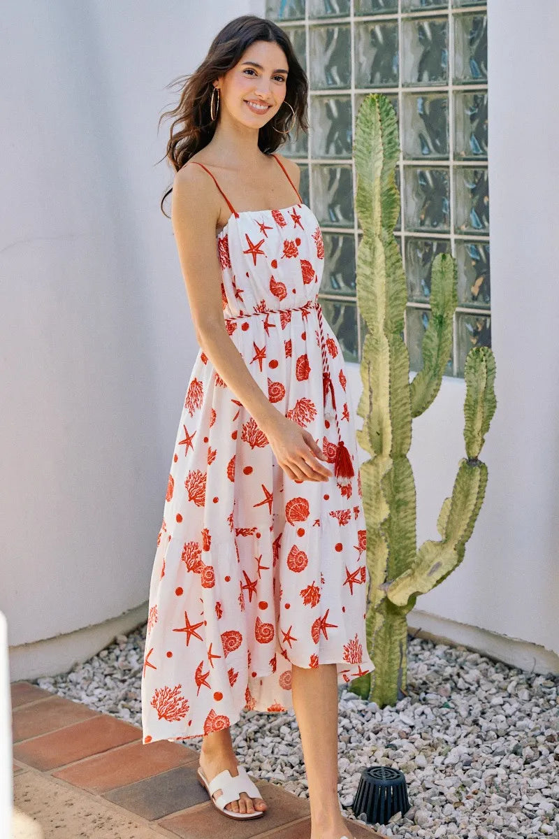 SO ME Shell Print Tiered Lined Midi Cami Dress With Belt - Red / S