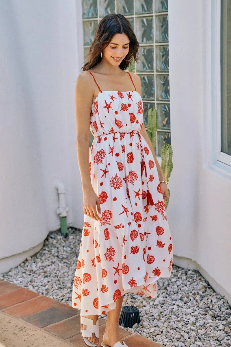SO ME Shell Print Tiered Lined Midi Cami Dress With Belt - Red / S