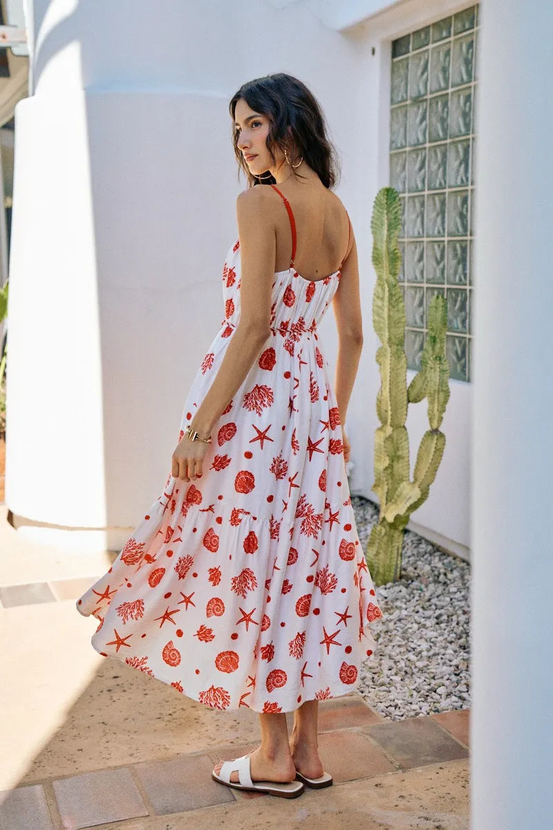 SO ME Shell Print Tiered Lined Midi Cami Dress With Belt - Red / S