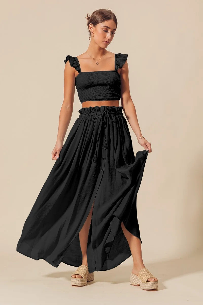 SO ME Smocked Top and Flowy Maxi Skirt Set - BLACK / S