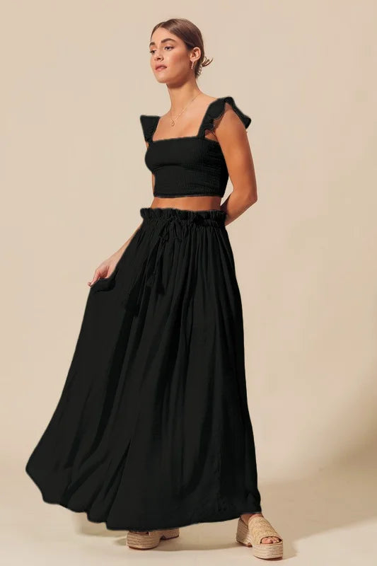 SO ME Smocked Top and Flowy Maxi Skirt Set - BLACK / S