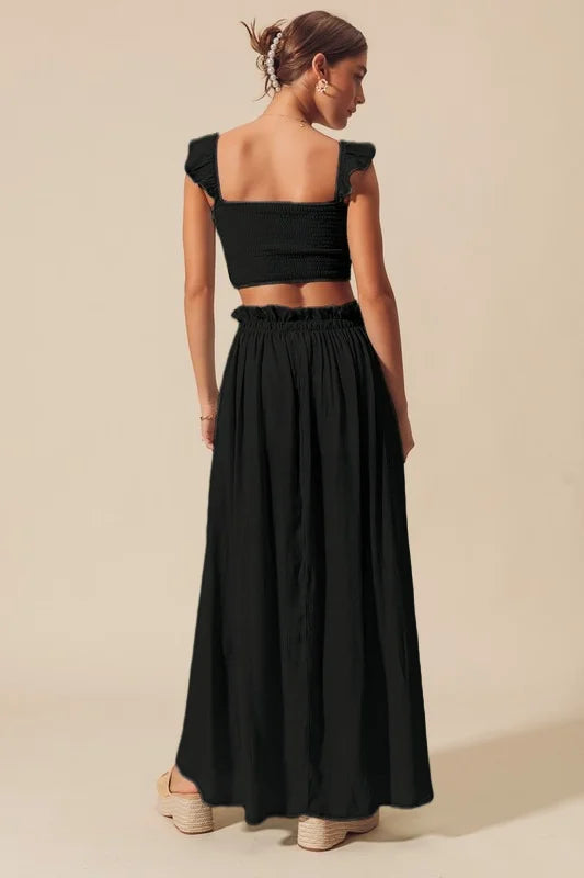 SO ME Smocked Top and Flowy Maxi Skirt Set - BLACK / S