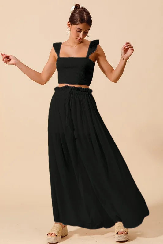 SO ME Smocked Top and Flowy Maxi Skirt Set - BLACK / S