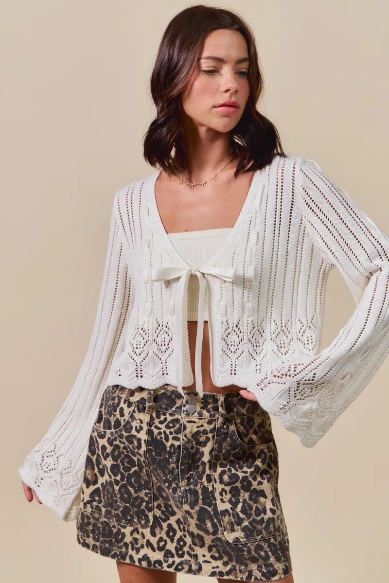SO ME Textured Sweater Open Front Ribbon Tie Cardigan - Off White / S