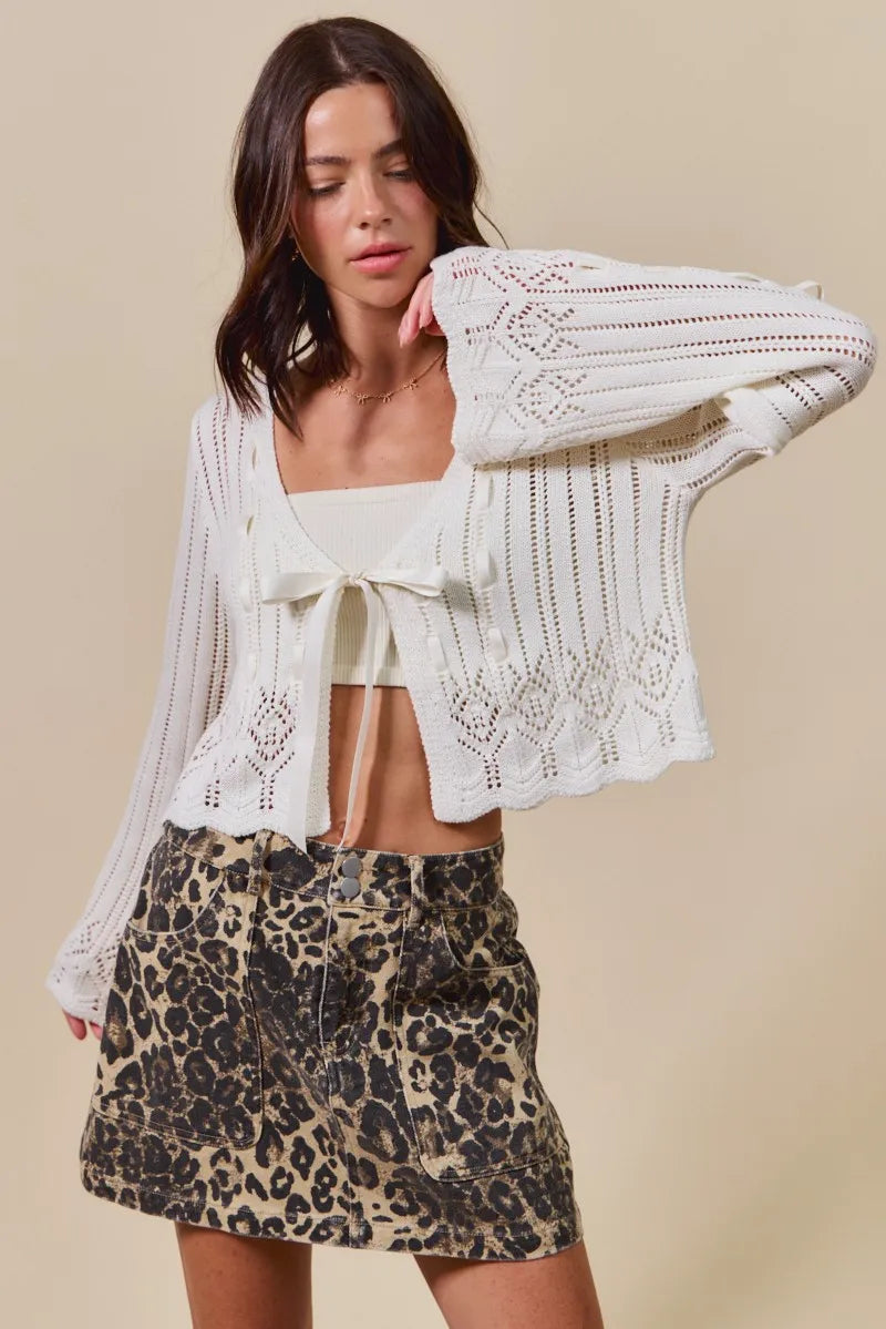SO ME Textured Sweater Open Front Ribbon Tie Cardigan - Off White / S