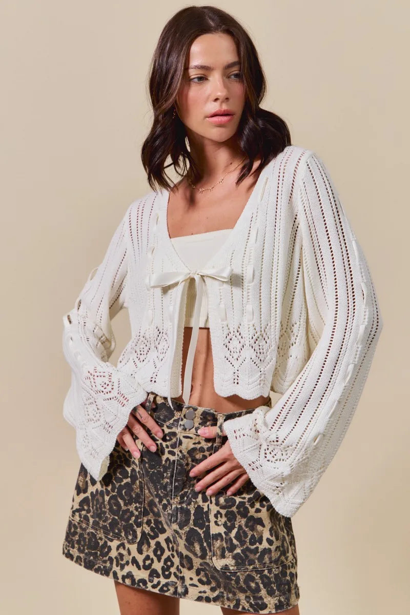 SO ME Textured Sweater Open Front Ribbon Tie Cardigan - Off White / S