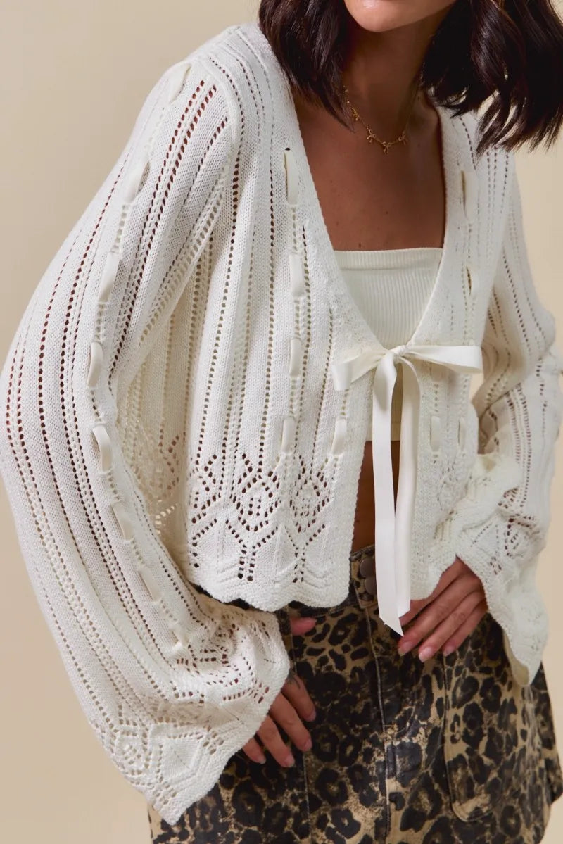 SO ME Textured Sweater Open Front Ribbon Tie Cardigan - Off White / S
