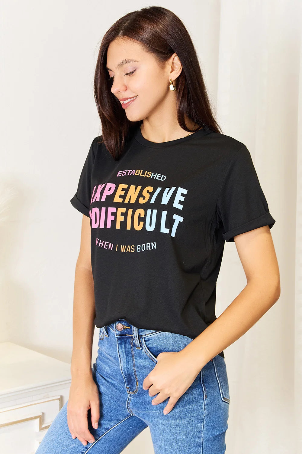 Simply Love Slogan Graphic Cuffed Sleeve T-Shirt - Black / S