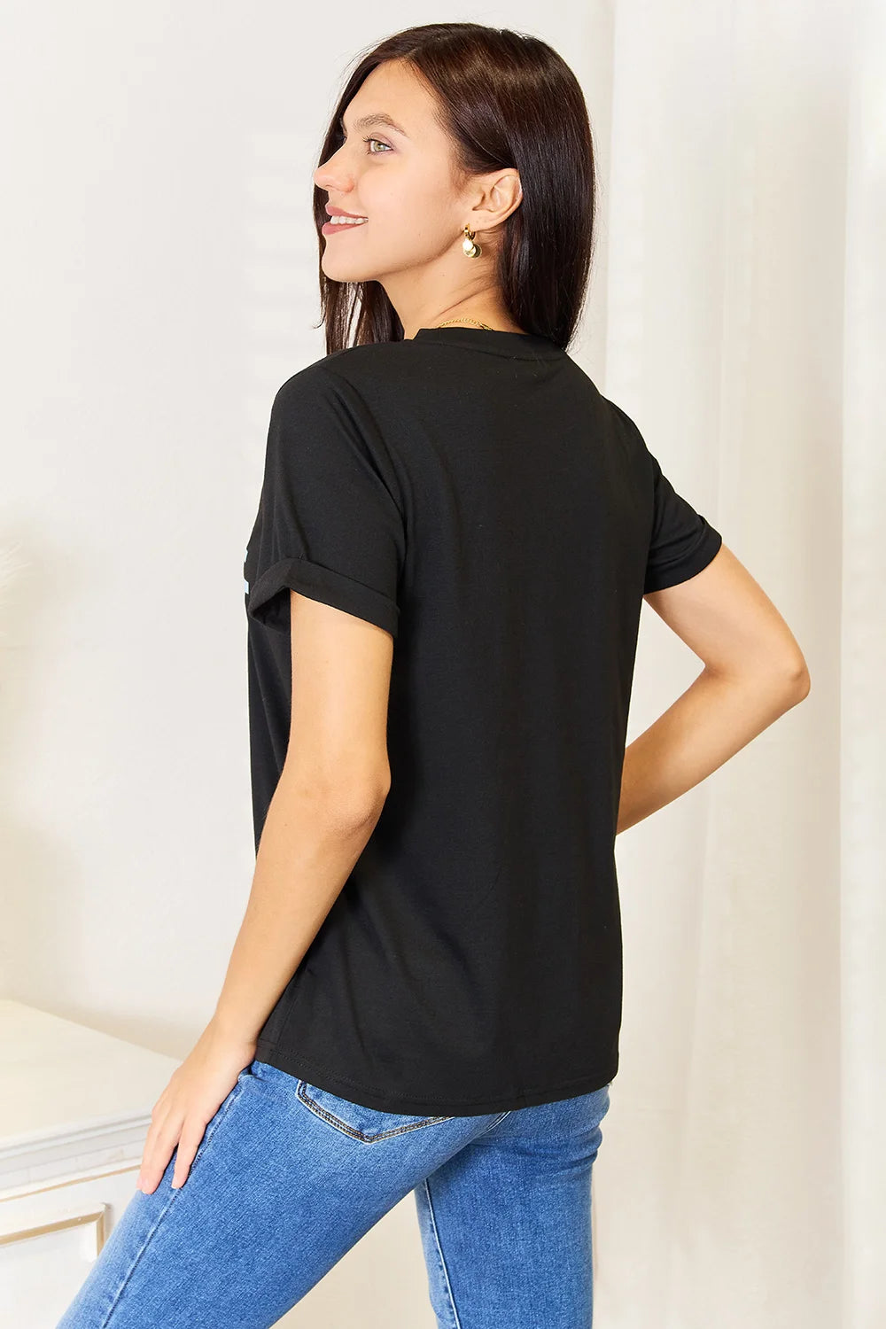 Simply Love Slogan Graphic Cuffed Sleeve T-Shirt - Black / S