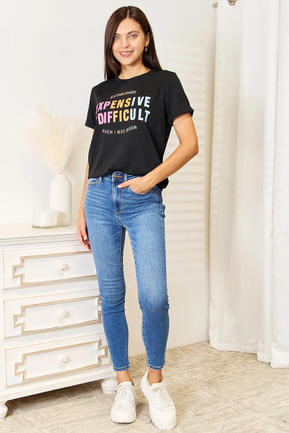 Simply Love Slogan Graphic Cuffed Sleeve T-Shirt - Black / S