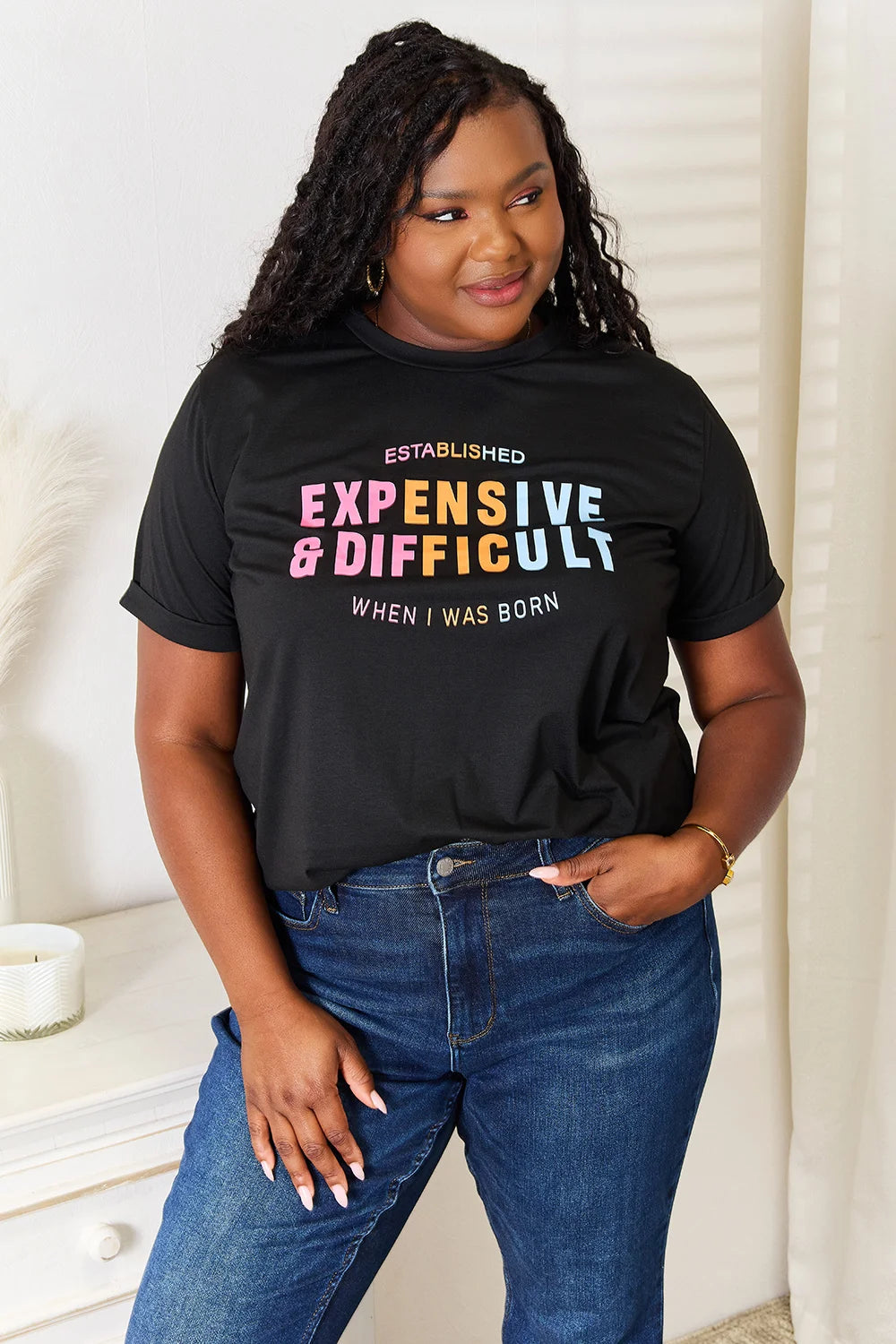 Simply Love Slogan Graphic Cuffed Sleeve T-Shirt - Black / S