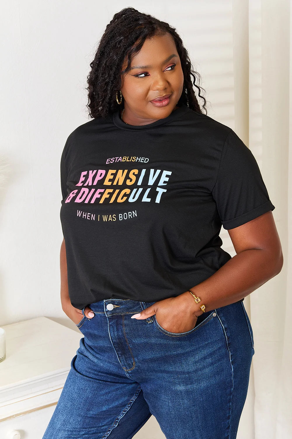 Simply Love Slogan Graphic Cuffed Sleeve T-Shirt - Black / S