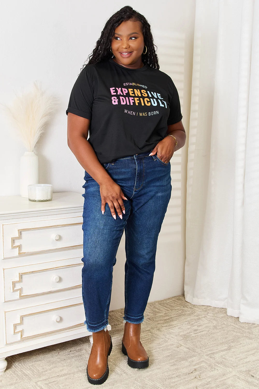Simply Love Slogan Graphic Cuffed Sleeve T-Shirt - Black / S