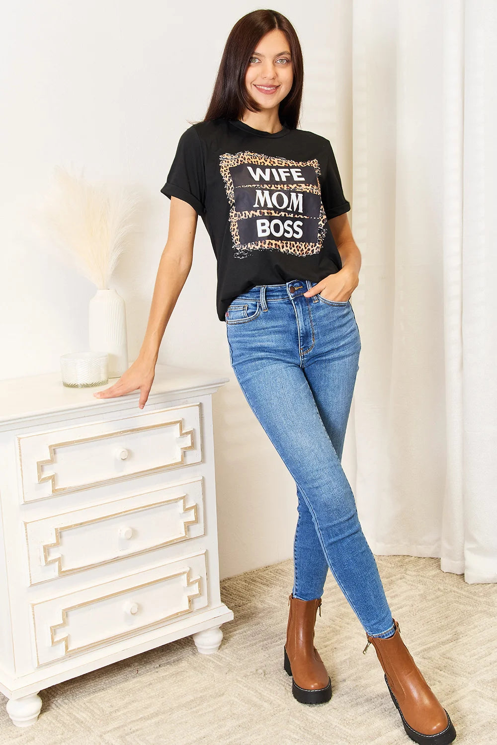 Simply Love WIFE MOM BOSS Leopard Graphic T-Shirt - Black / S