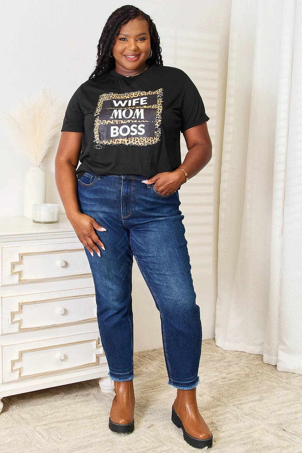Simply Love WIFE MOM BOSS Leopard Graphic T-Shirt - Black / S
