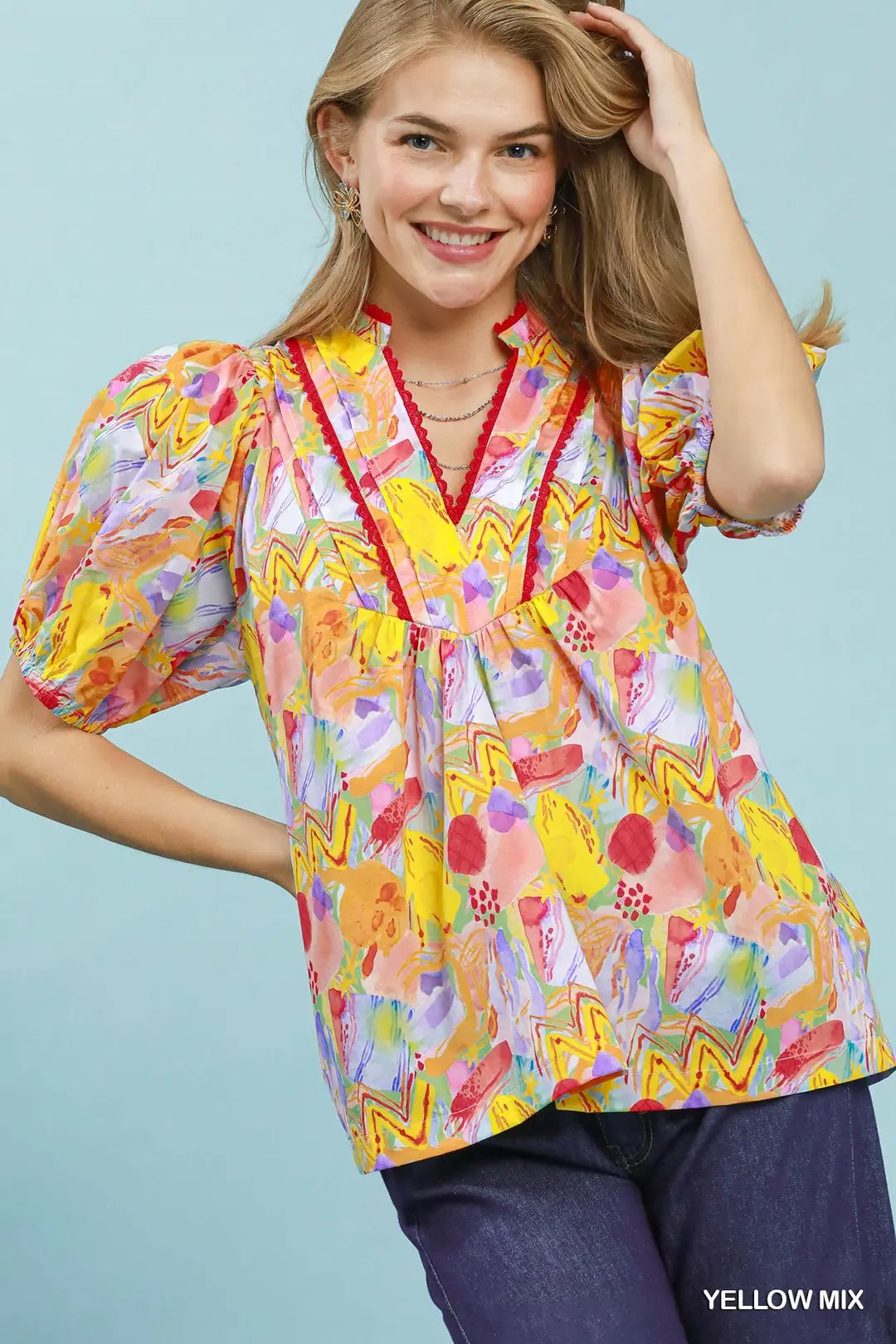 Umgee Abstract Print Puff Sleeve Top - YELLOW / S