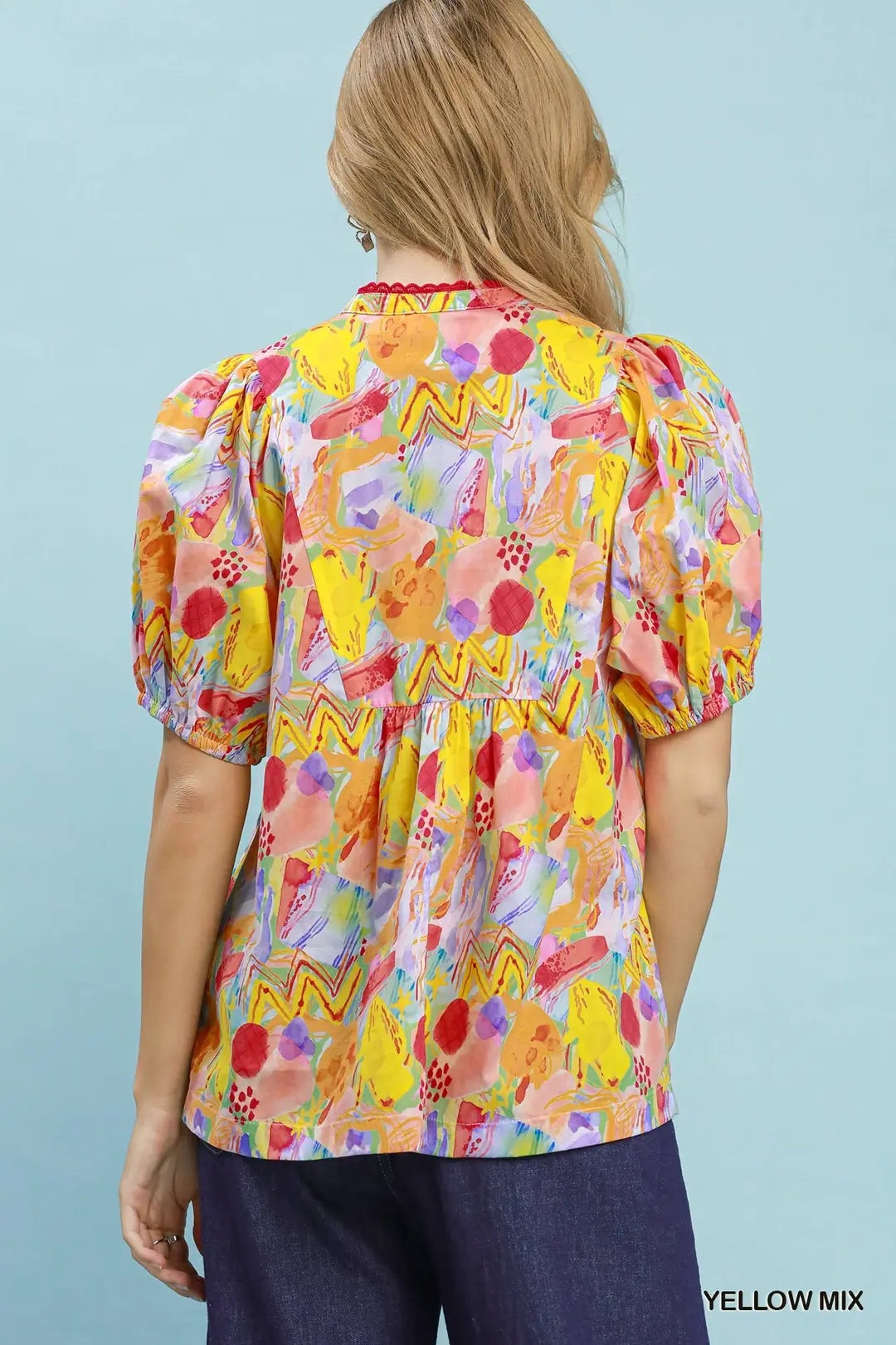 Umgee Abstract Print Puff Sleeve Top - YELLOW / S