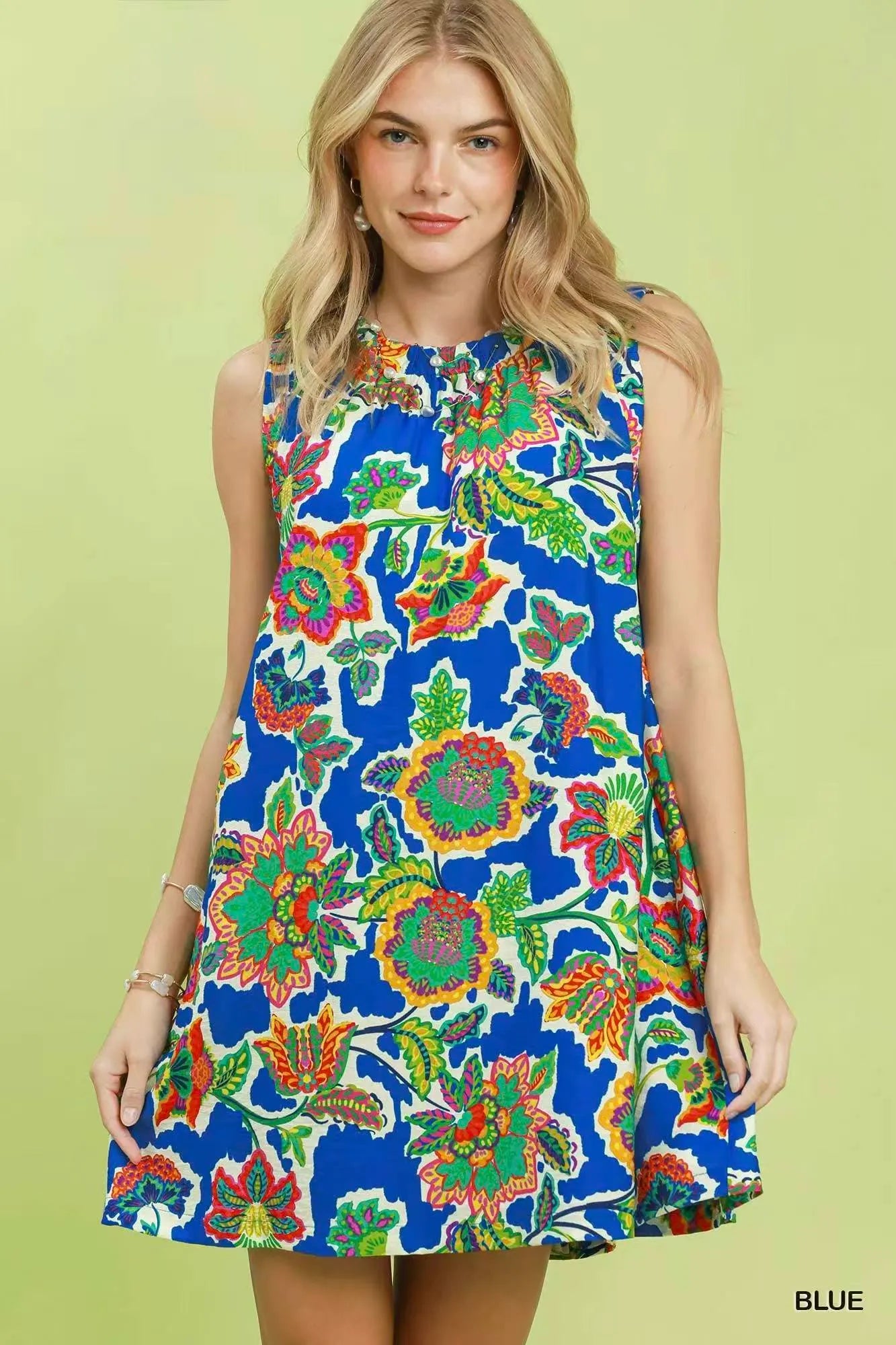 Umgee Abstract Print Sleeveless Shift Dress - BLUE / S