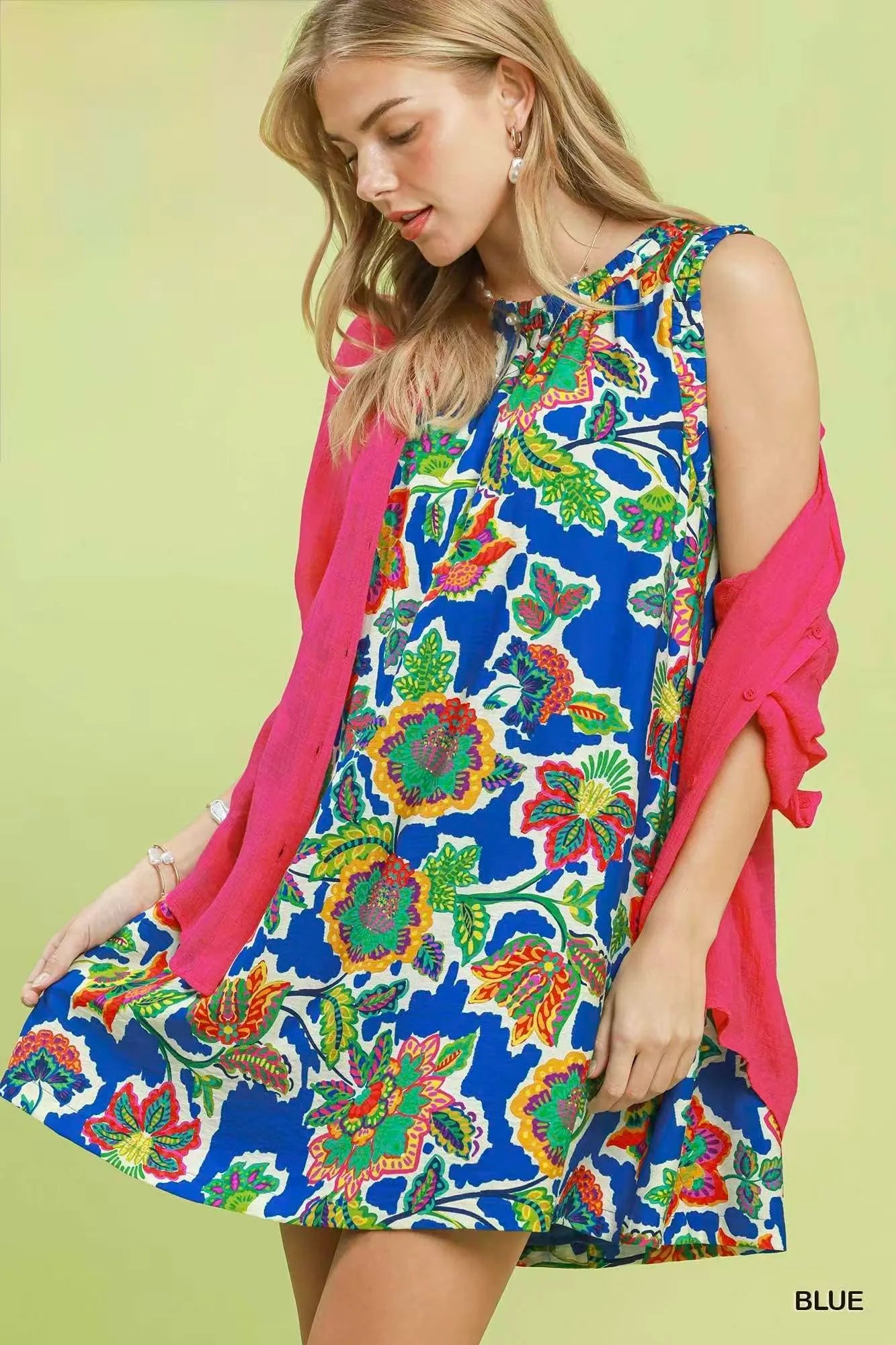 Umgee Abstract Print Sleeveless Shift Dress - BLUE / S