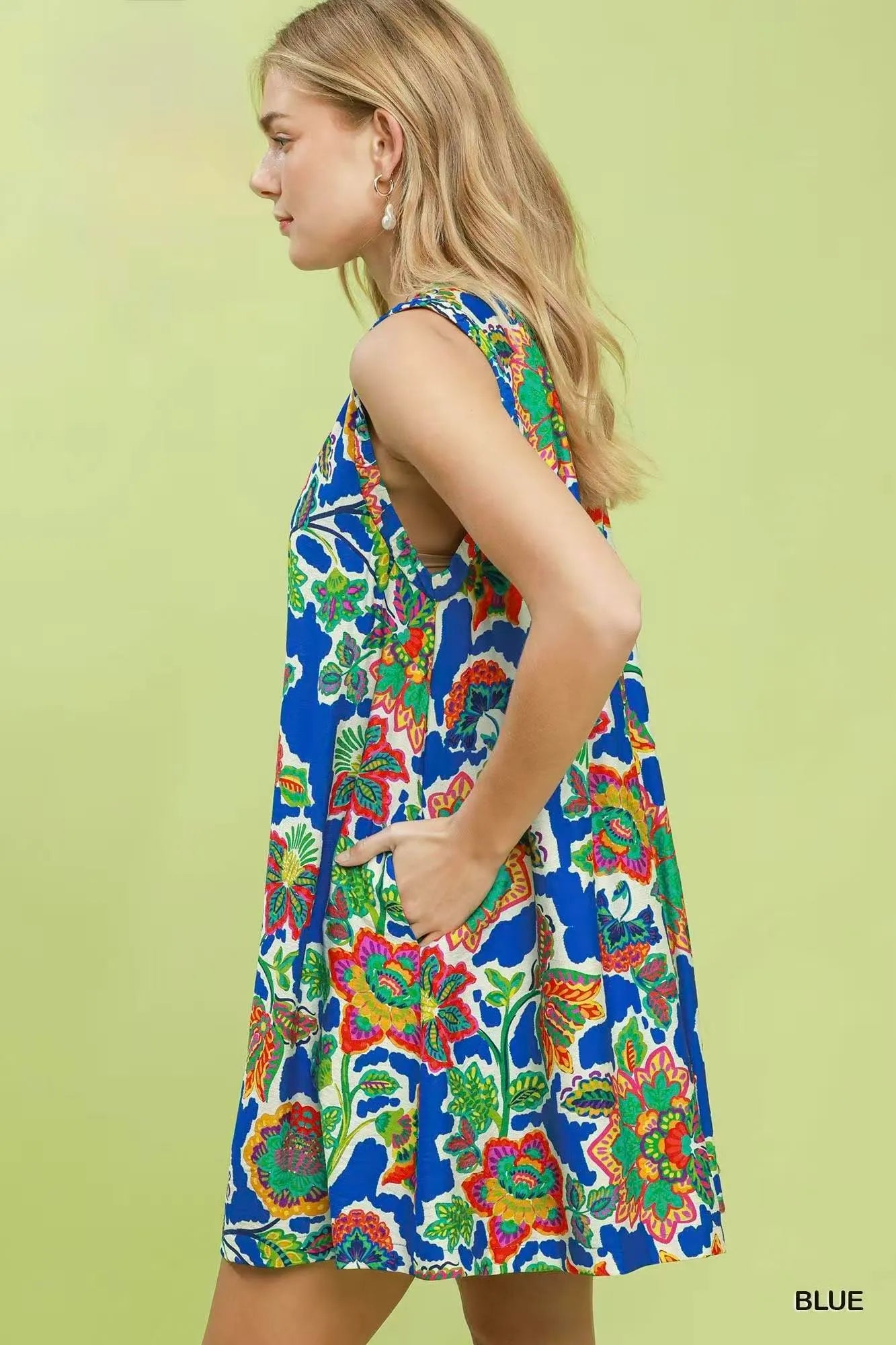 Umgee Abstract Print Sleeveless Shift Dress - BLUE / S