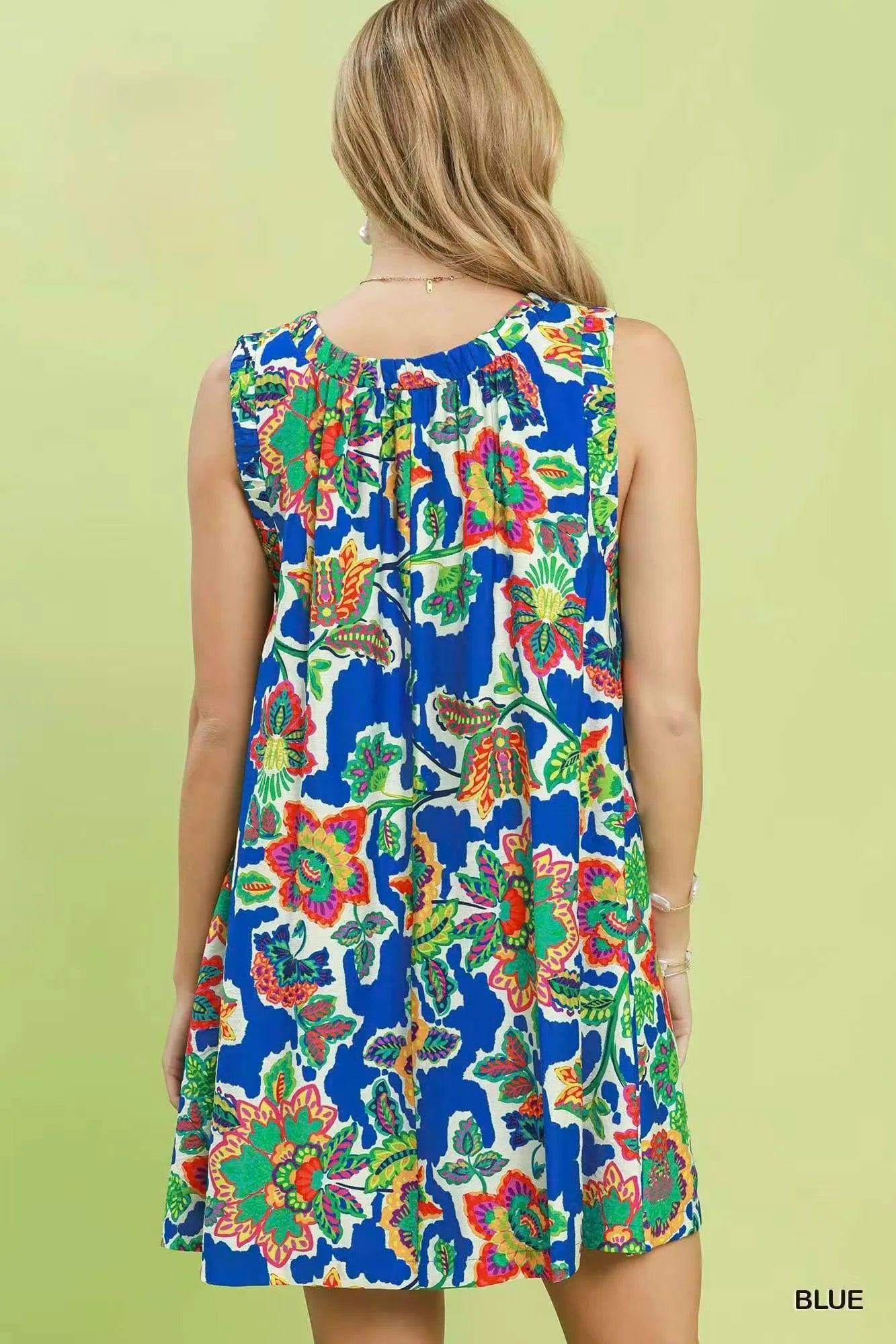 Umgee Abstract Print Sleeveless Shift Dress - BLUE / S