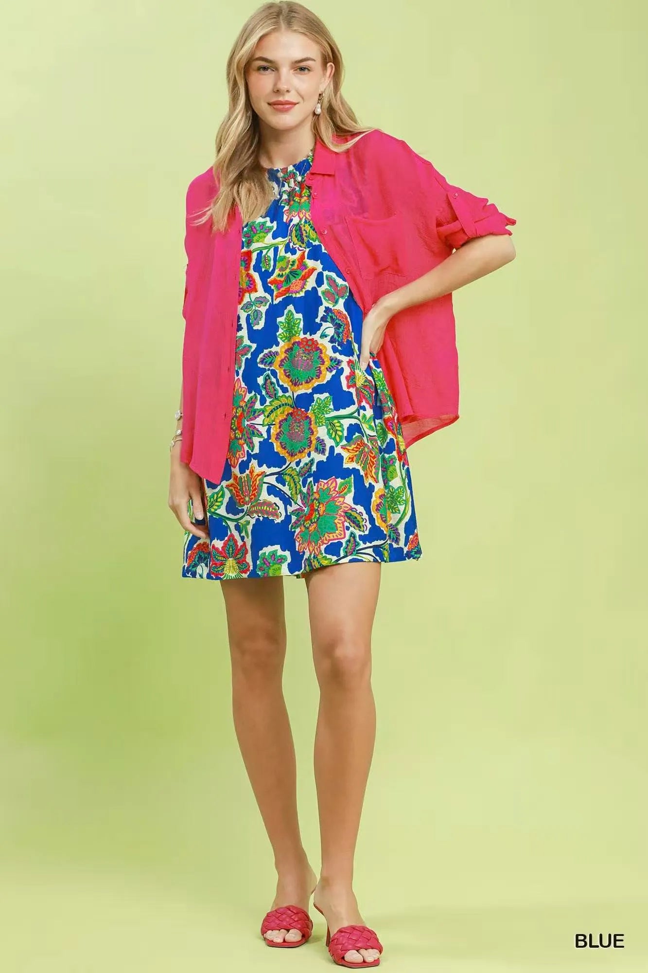 Umgee Abstract Print Sleeveless Shift Dress - BLUE / S