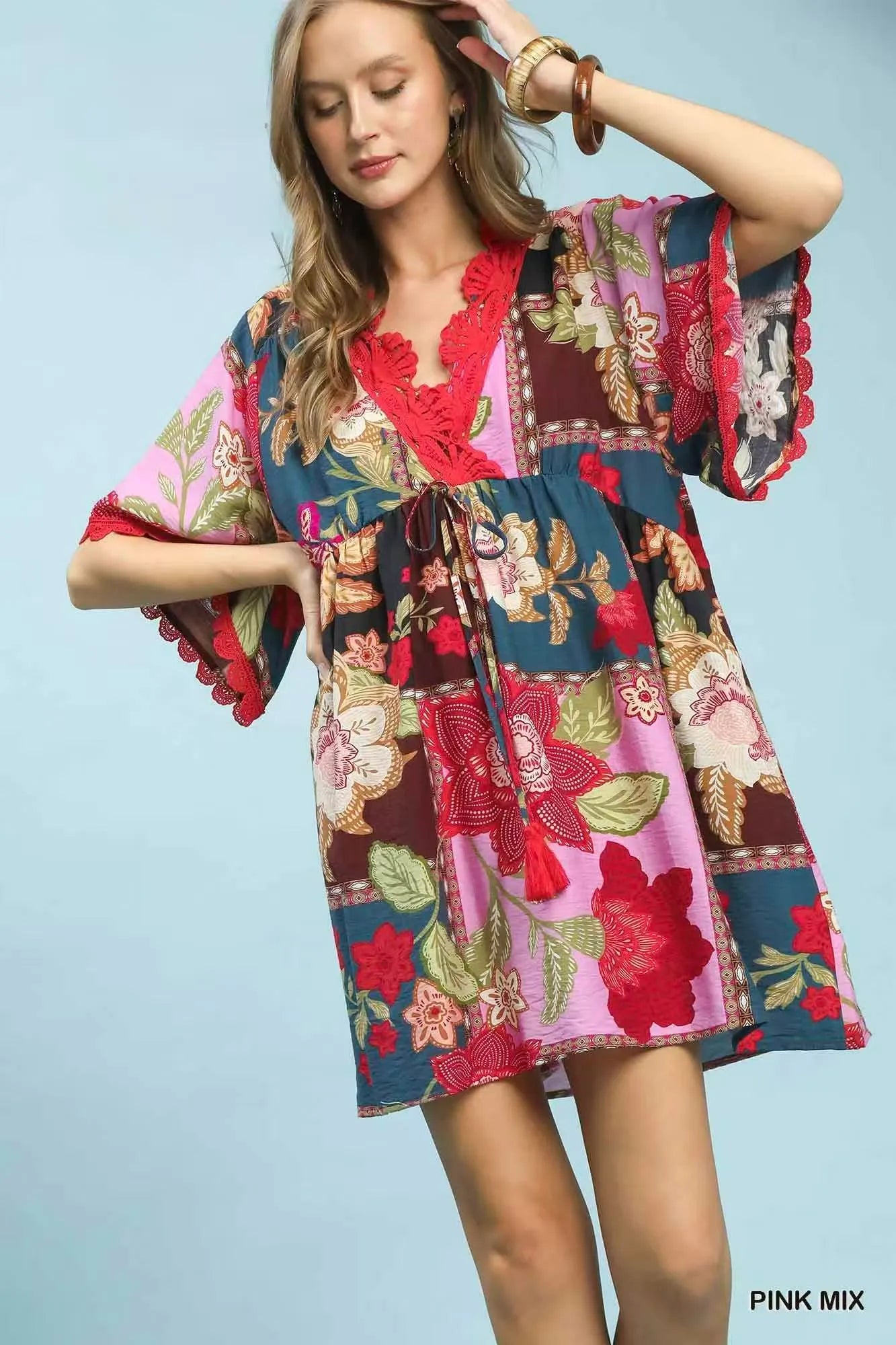Umgee Abstract Print V-Neck Mini Dress - PINK MIX / S