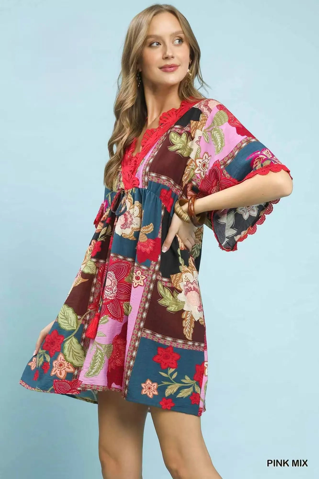 Umgee Abstract Print V-Neck Mini Dress - PINK MIX / S