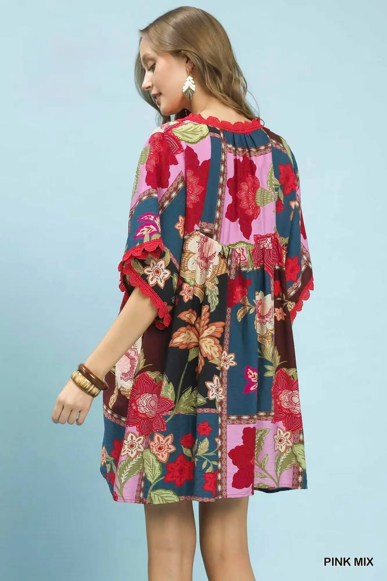Umgee Abstract Print V-Neck Mini Dress - PINK MIX / S