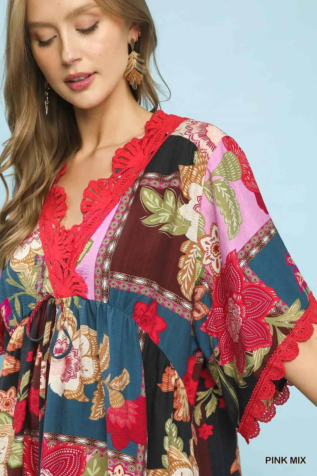 Umgee Abstract Print V-Neck Mini Dress - PINK MIX / S