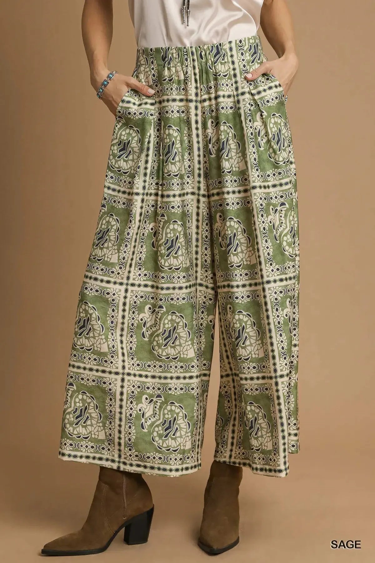 Umgee Bohemian Print Pants with Pockets - Sage / S