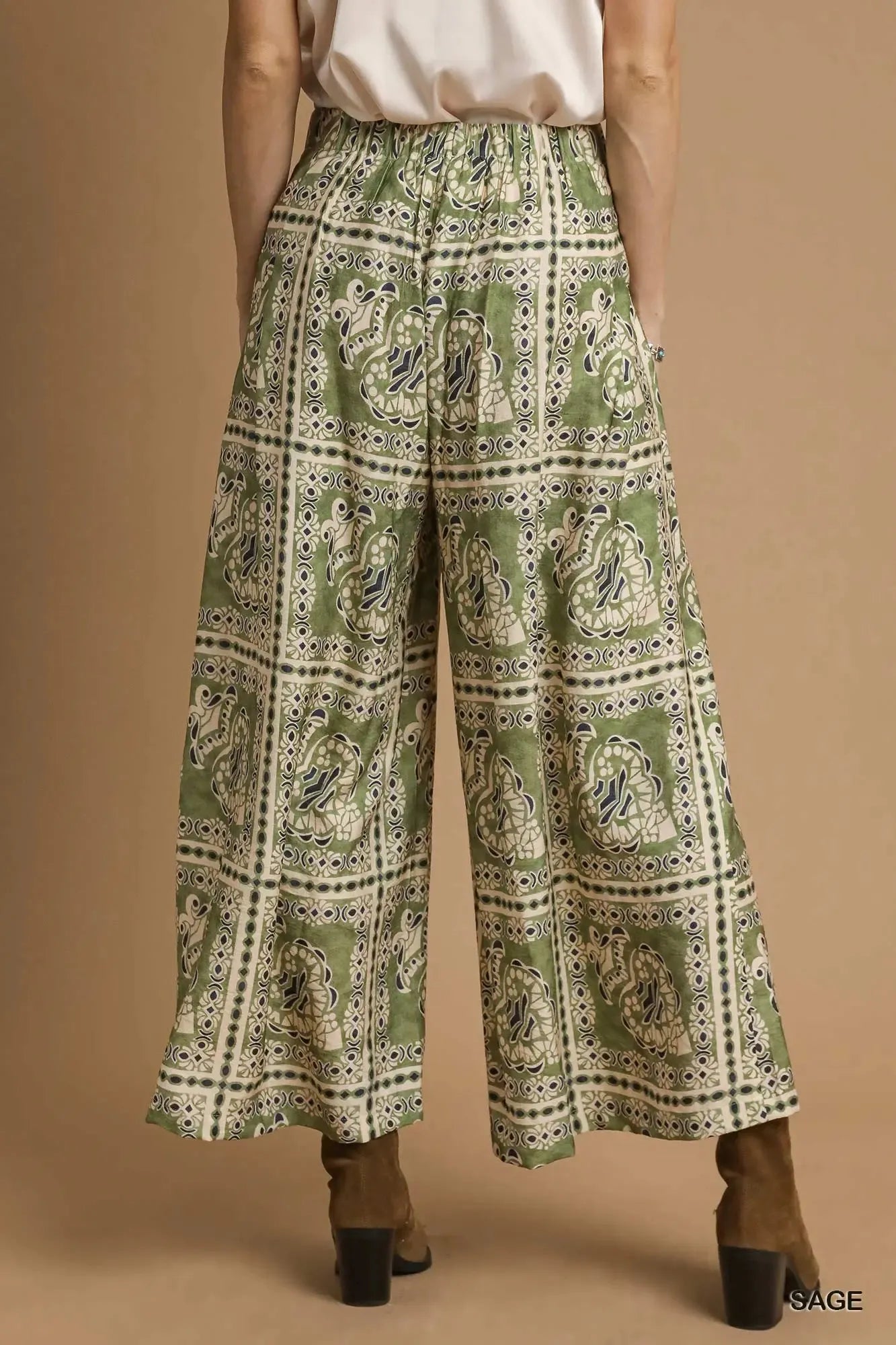 Umgee Bohemian Print Pants with Pockets - Sage / S