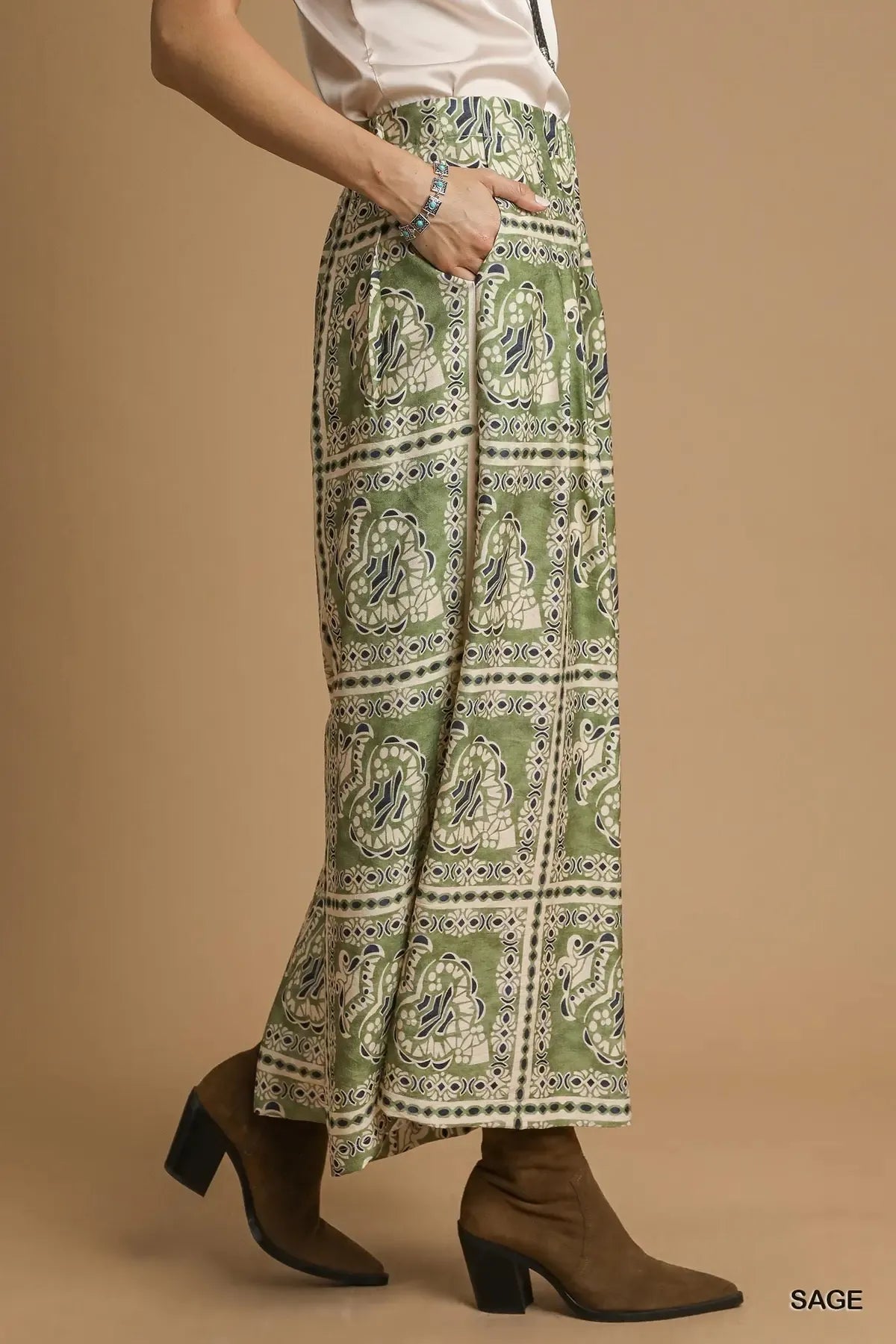 Umgee Bohemian Print Pants with Pockets - Sage / S