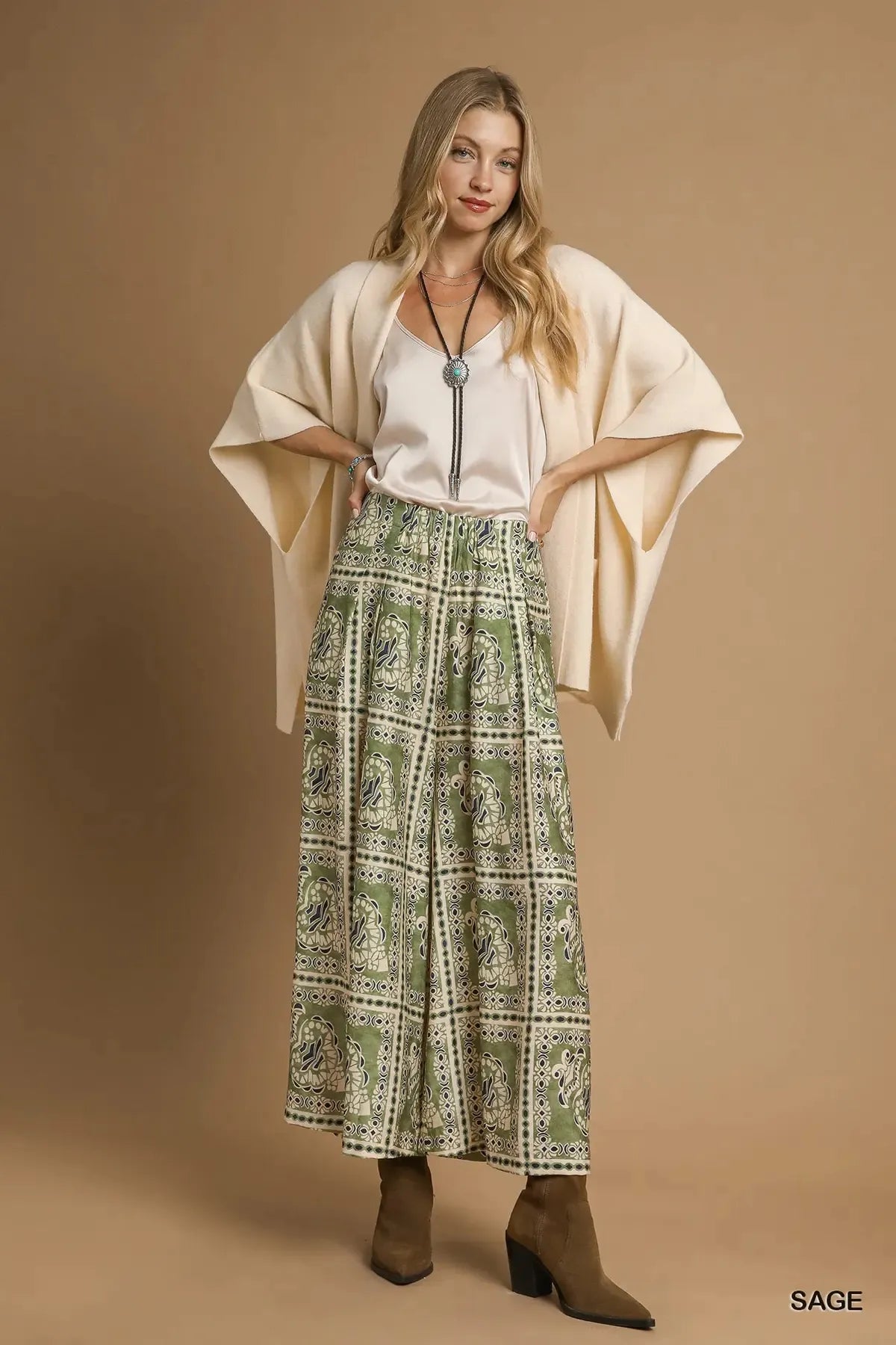 Umgee Bohemian Print Pants with Pockets - Sage / S