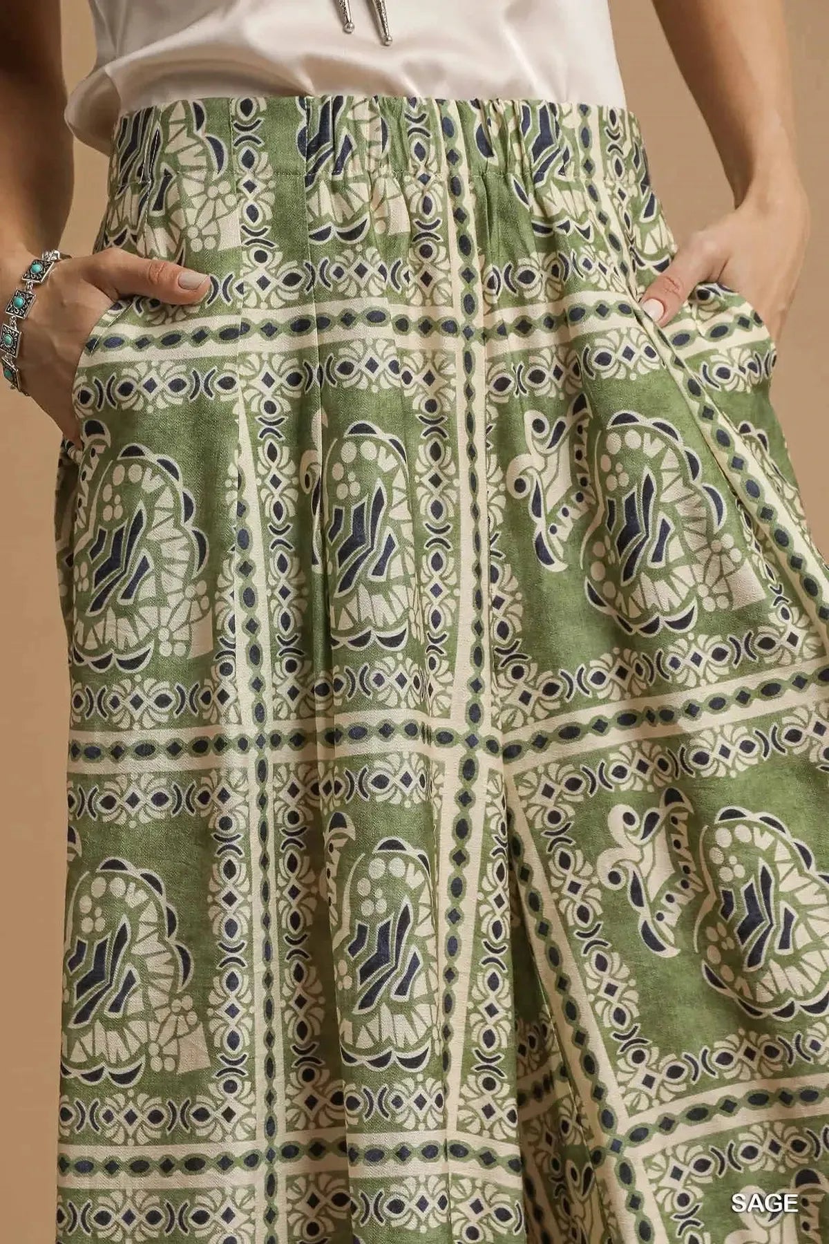 Umgee Bohemian Print Pants with Pockets - Sage / S