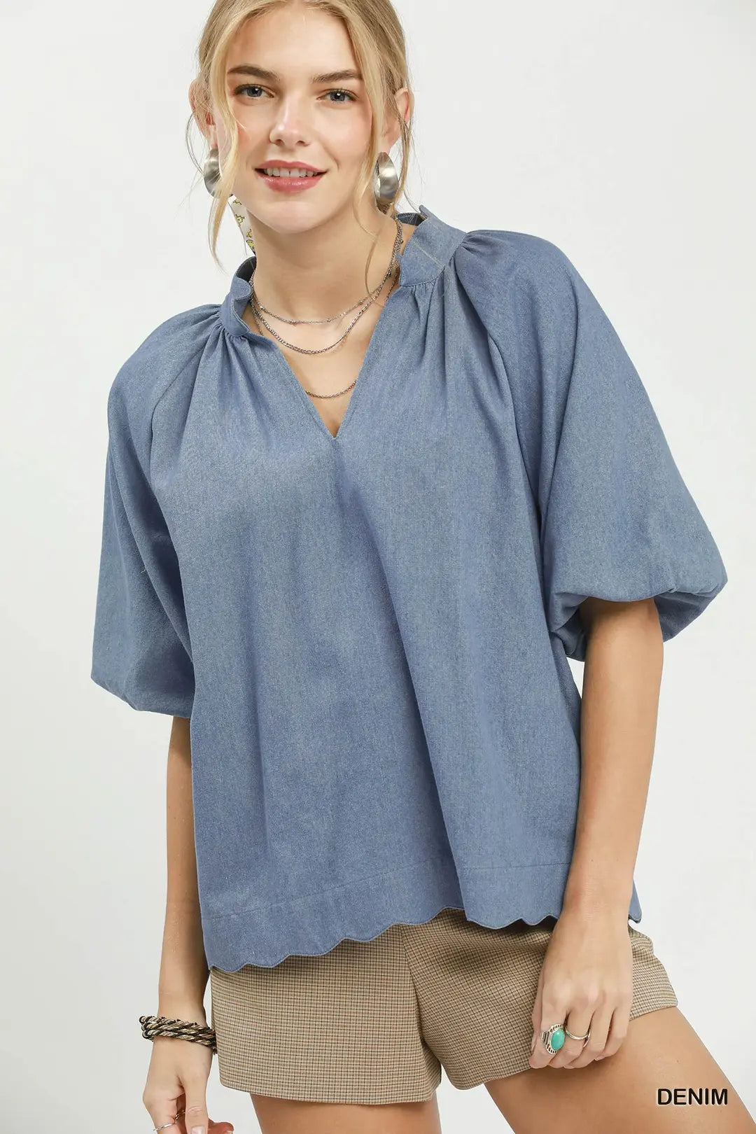 Umgee Chambray Scallop Hem Puff Sleeve Top - DENIM / S