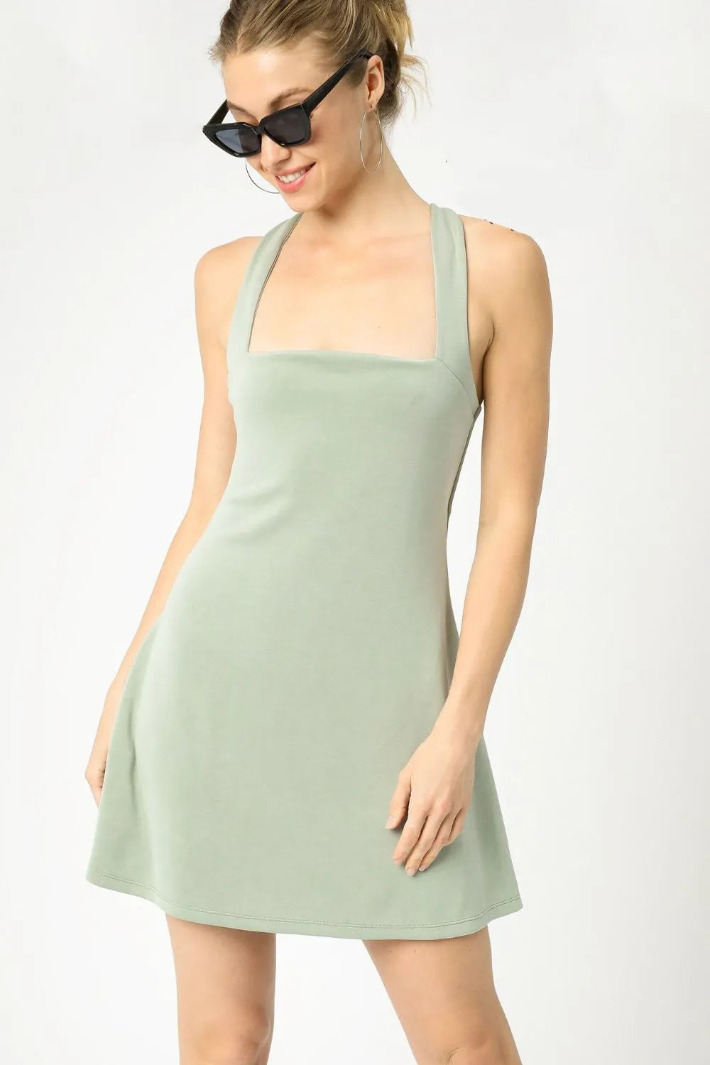 Umgee Crisscross Square Neck Active Dress - Sage / XS