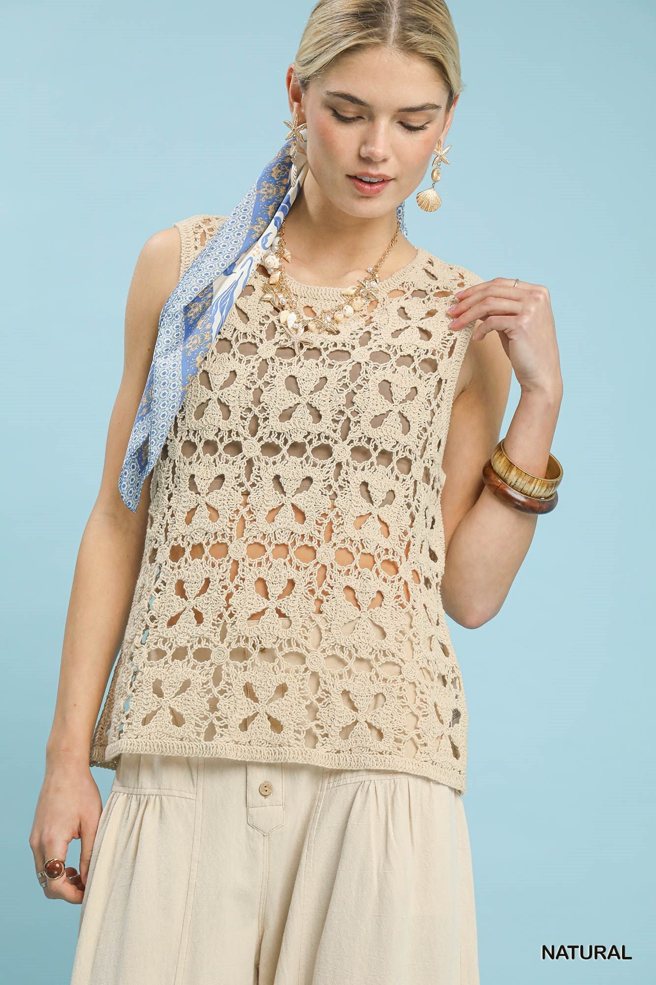 Umgee Crochet Flower Motif Sleeveless Tank Top - NATURAL / S