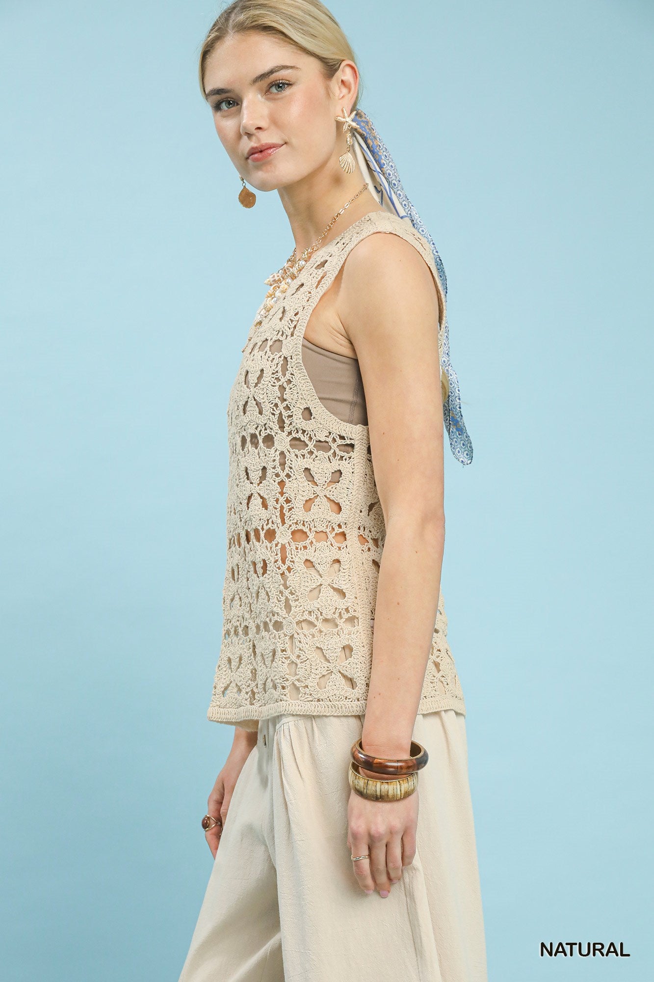 Umgee Crochet Flower Motif Sleeveless Tank Top - NATURAL / S