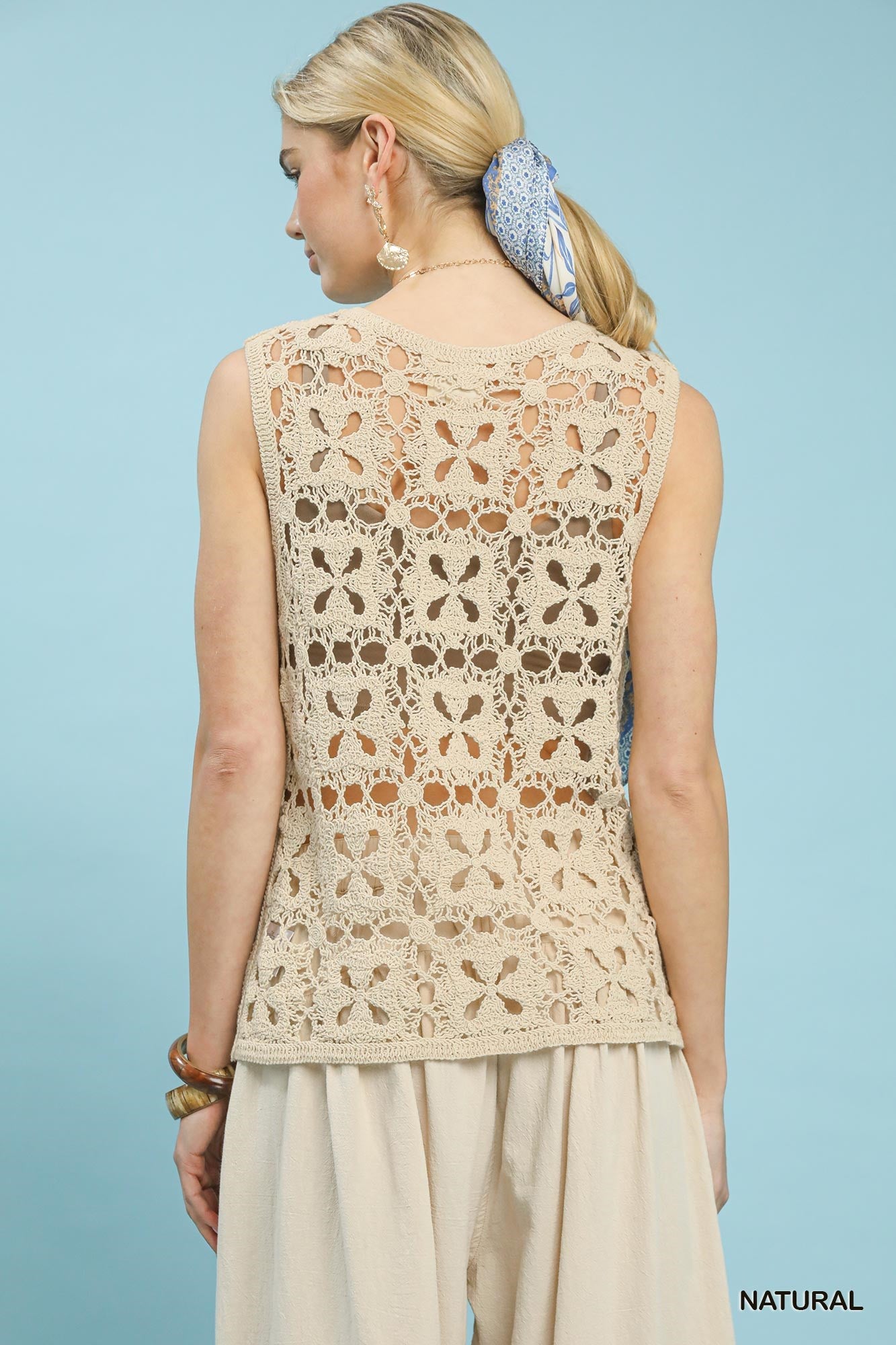 Umgee Crochet Flower Motif Sleeveless Tank Top - NATURAL / S