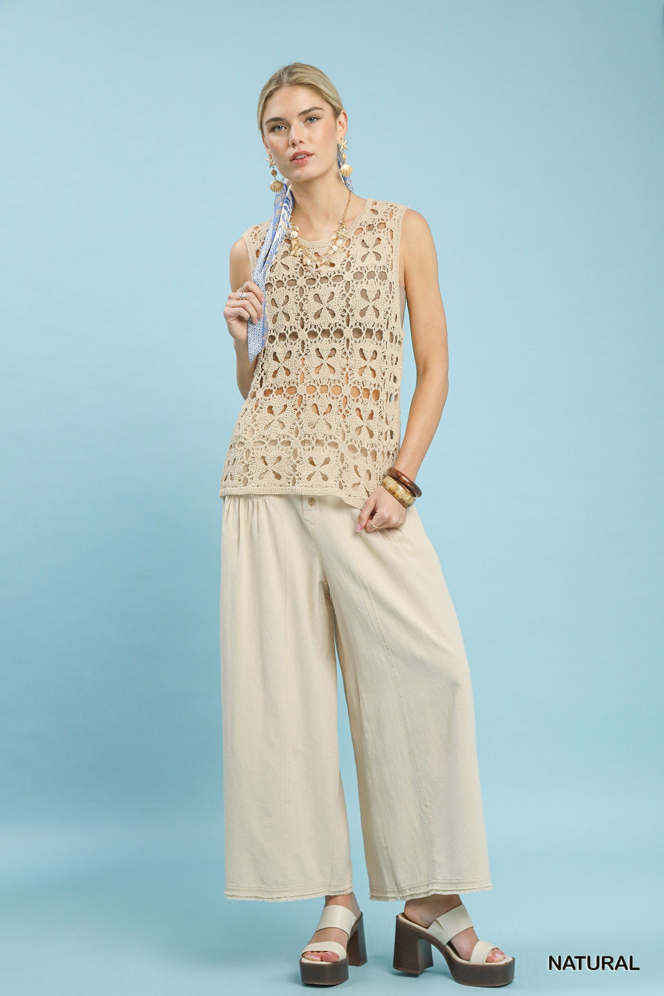 Umgee Crochet Flower Motif Sleeveless Tank Top - NATURAL / S