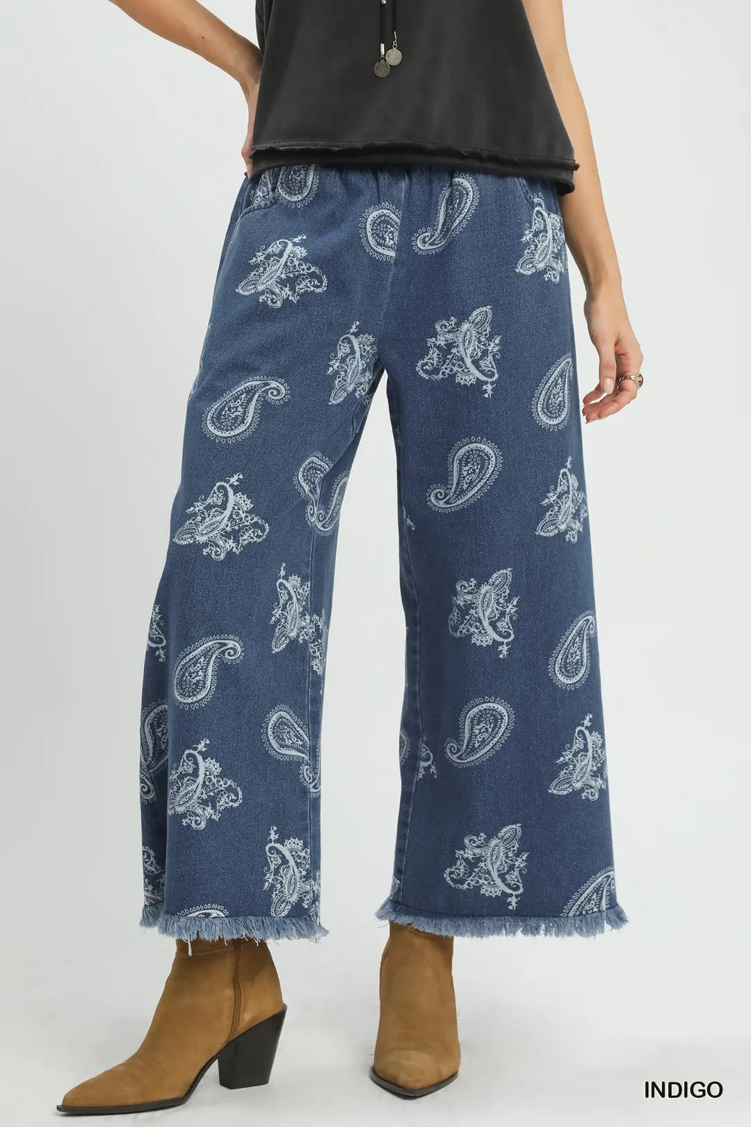 Umgee Denim Paisley Wide-Leg Pants - INDIGO / S