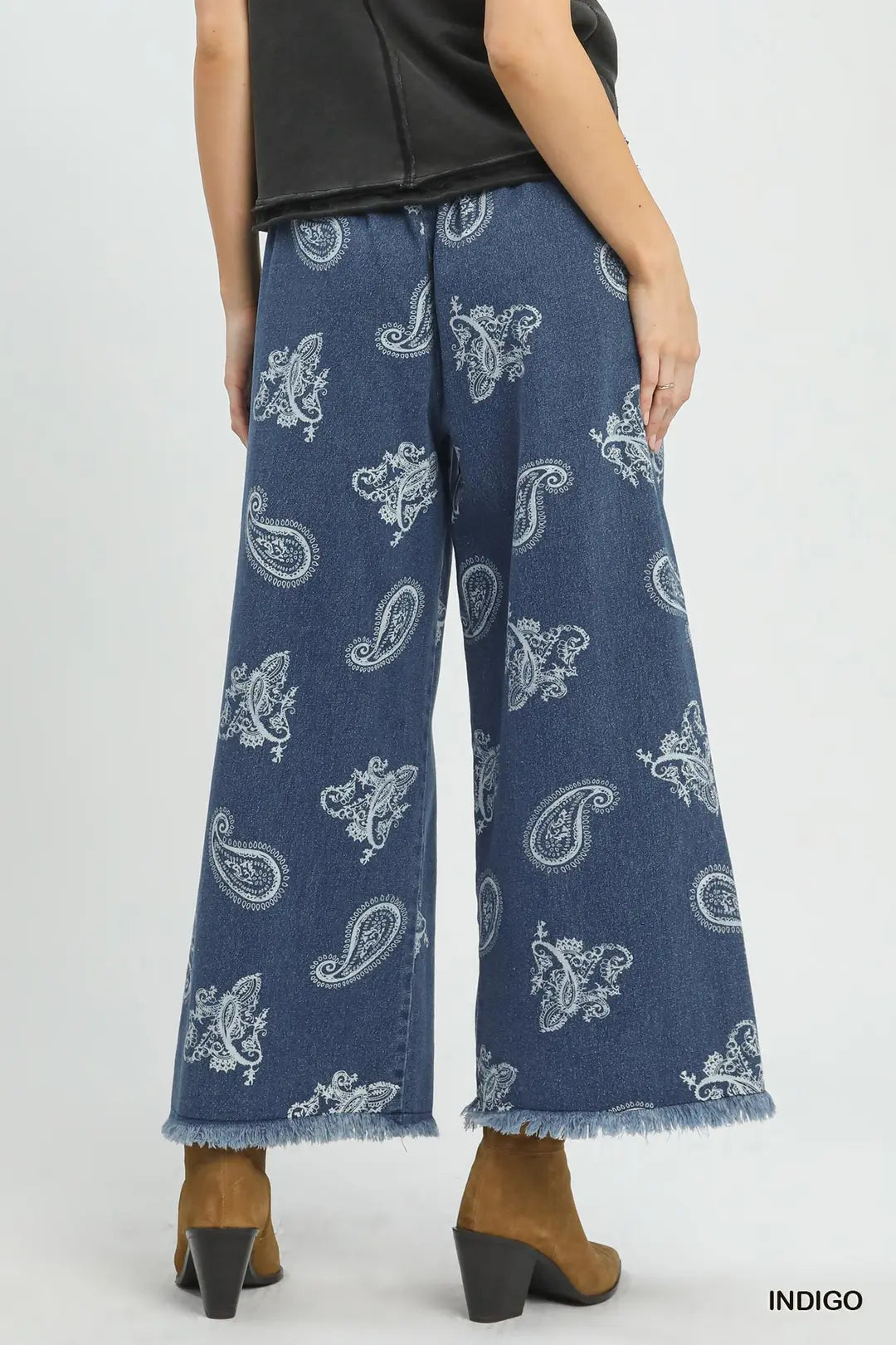 Umgee Denim Paisley Wide-Leg Pants - INDIGO / S