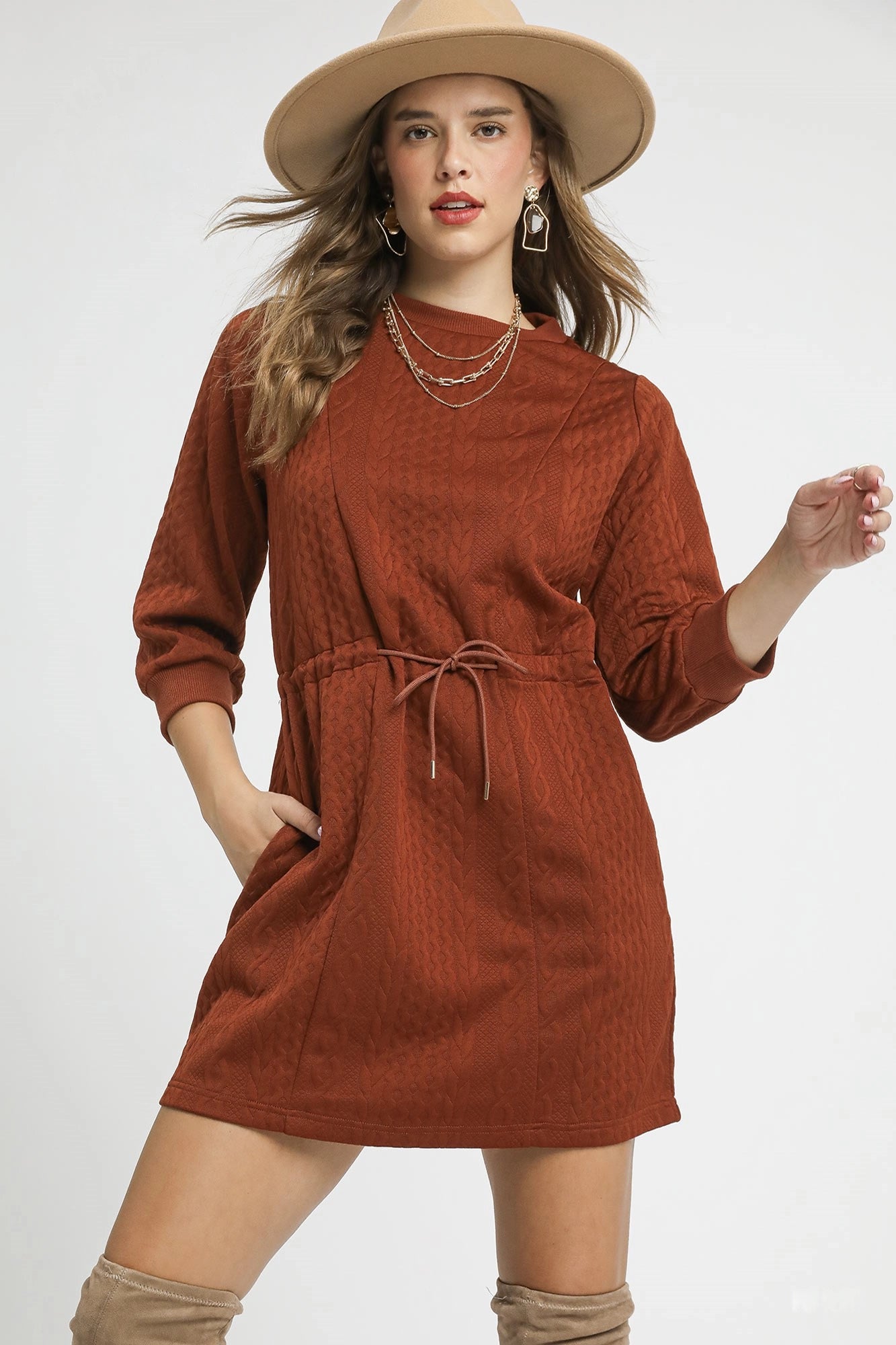Umgee Drawstring Cable Knit Mini Dress with Pockets - Rust / XS