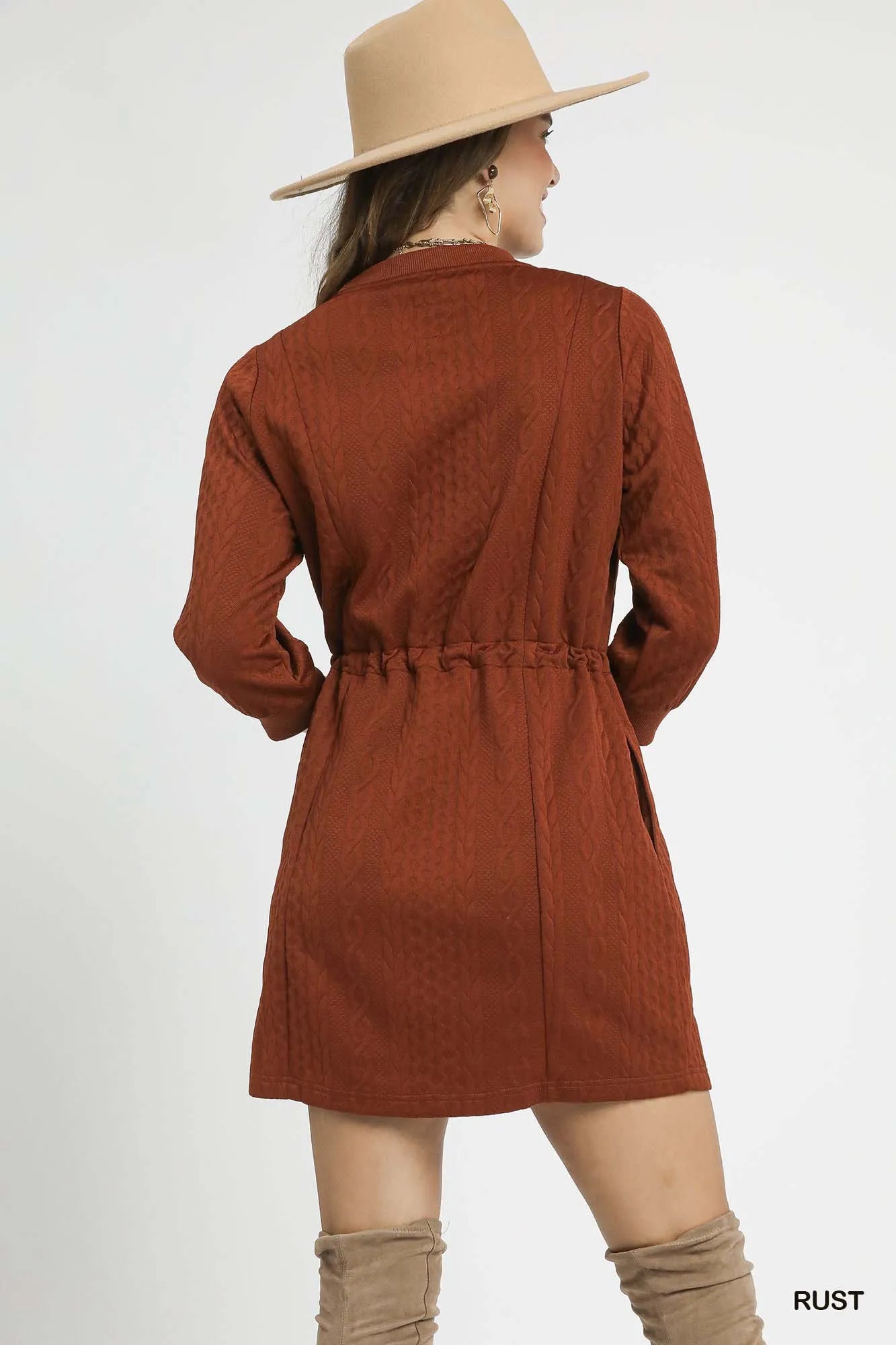 Umgee Drawstring Cable Knit Mini Dress with Pockets - Rust / XS