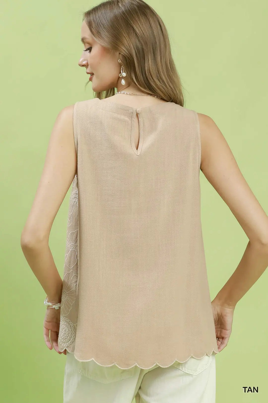 Umgee Floral Embroidered Sleeveless Top - Tan - TAN / S