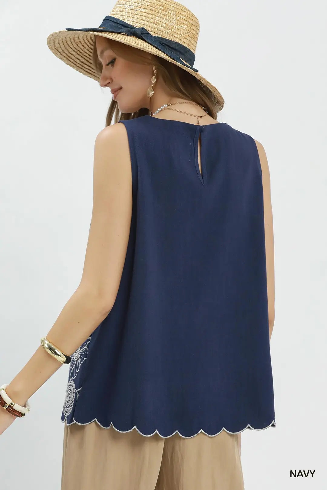 Umgee Floral Embroidered Sleeveless Top - Navy - NAVY / S